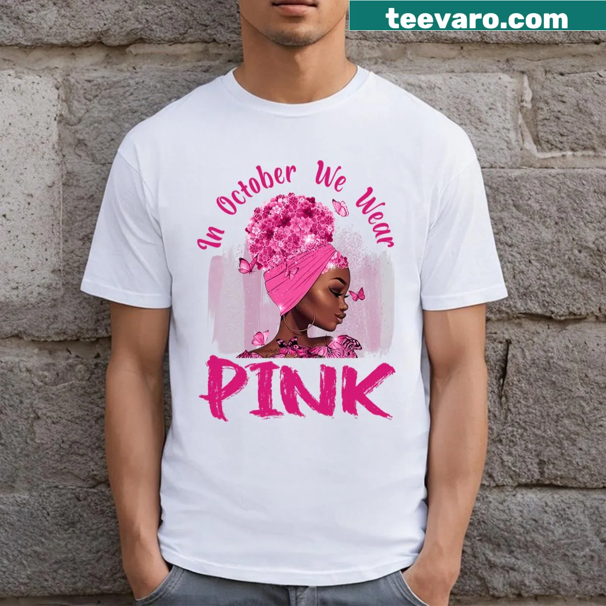 Breast cancer awareness T-shirt with In October We Wear Pink text — on a men's t-shirt