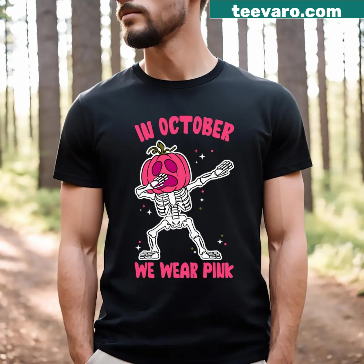 Pumpkin graphic with 'In October We Wear Pink' for breast cancer awareness. — on a men's t-shirt