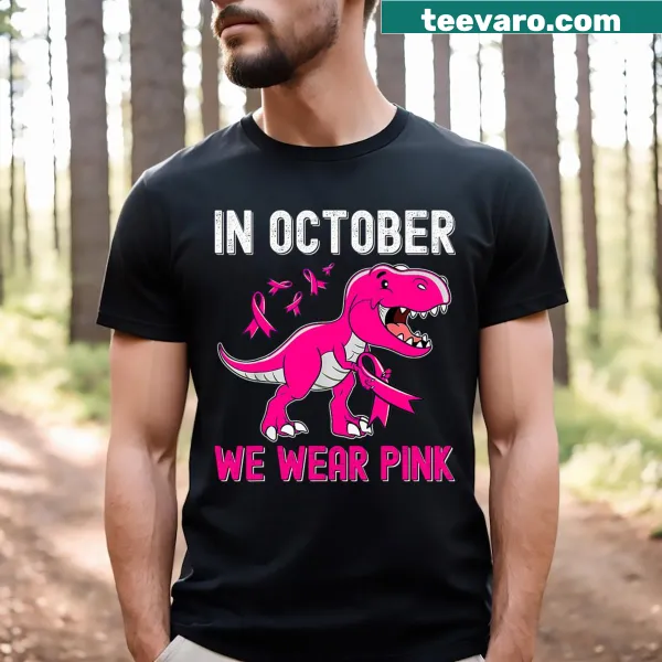 Kids' shirt with T-Rex and text 'In October We Wear Pink' for awareness