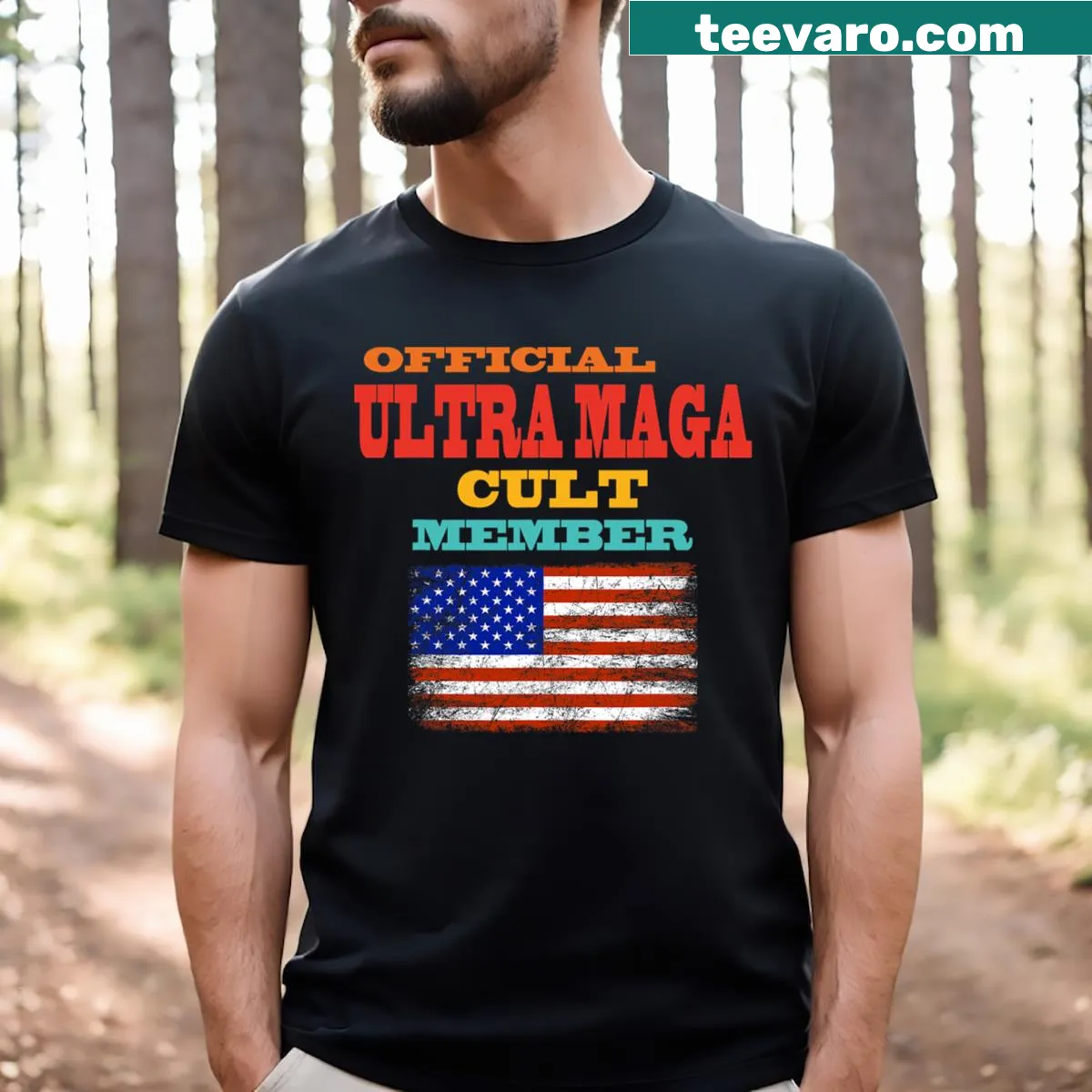 Vintage distressed 'Ultra Maga Cult Member' text design on a T-shirt — on a men's t-shirt