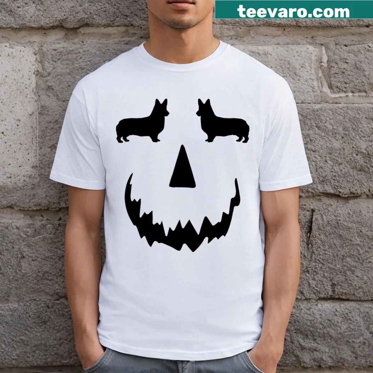Corgi dressed as a pumpkin graphic for Halloween T-shirt — on a men's t-shirt