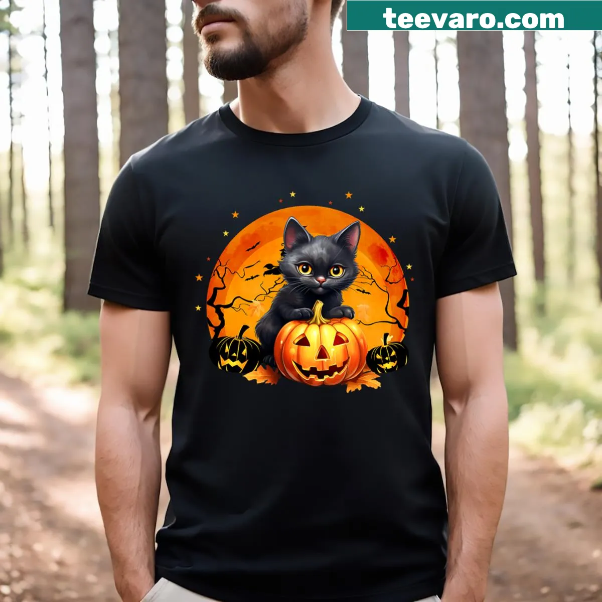 Retro Halloween shirt featuring a black cat and pumpkins — on a men's t-shirt