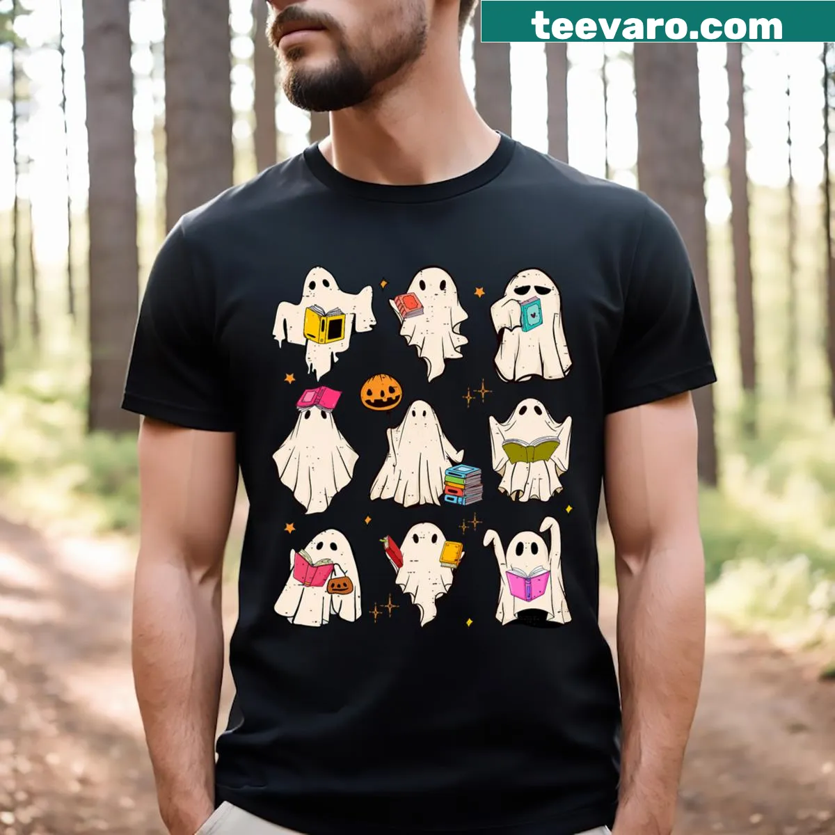 Retro style teacher t-shirt with ghost and books graphic — on a men's t-shirt
