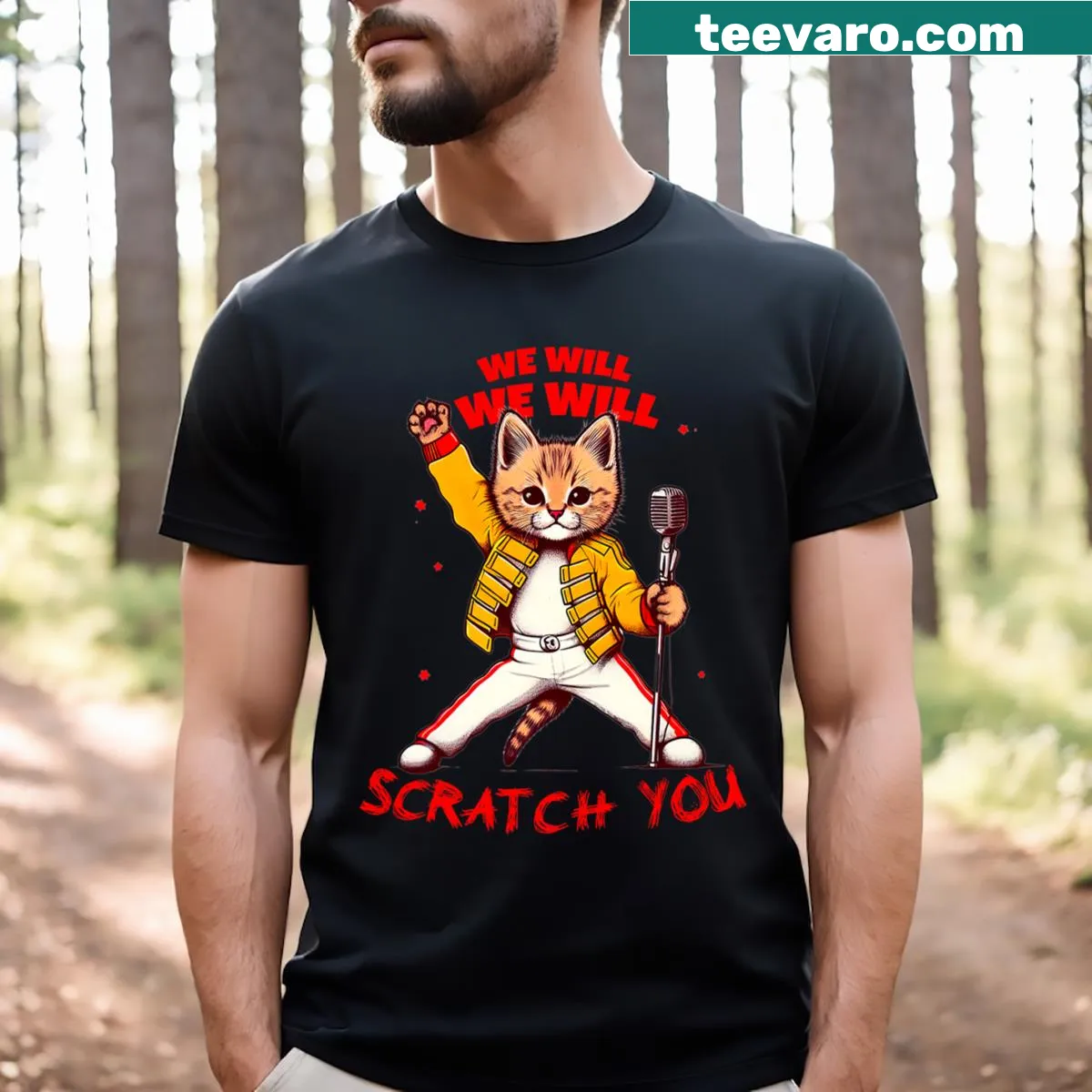 Illustrated rock cat with sunglasses and guitar on t-shirt — on a men's t-shirt