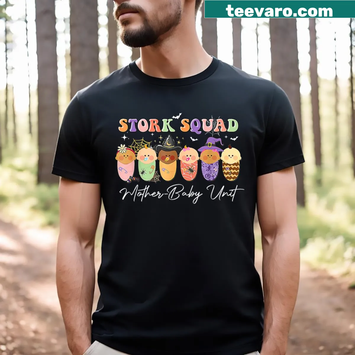Halloween-themed t-shirt for nurses featuring Stork Squad design — on a men's t-shirt