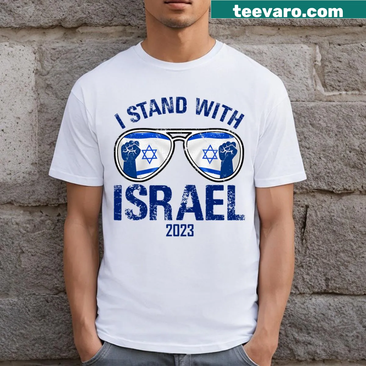 T-shirt with 'Pray For Israel' text and Israeli flag design — on a men's t-shirt