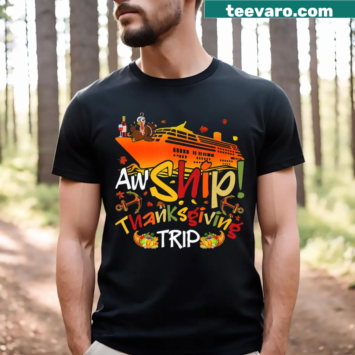 Humorous t-shirt featuring a cartoon cruise ship for Thanksgiving. — on a men's t-shirt