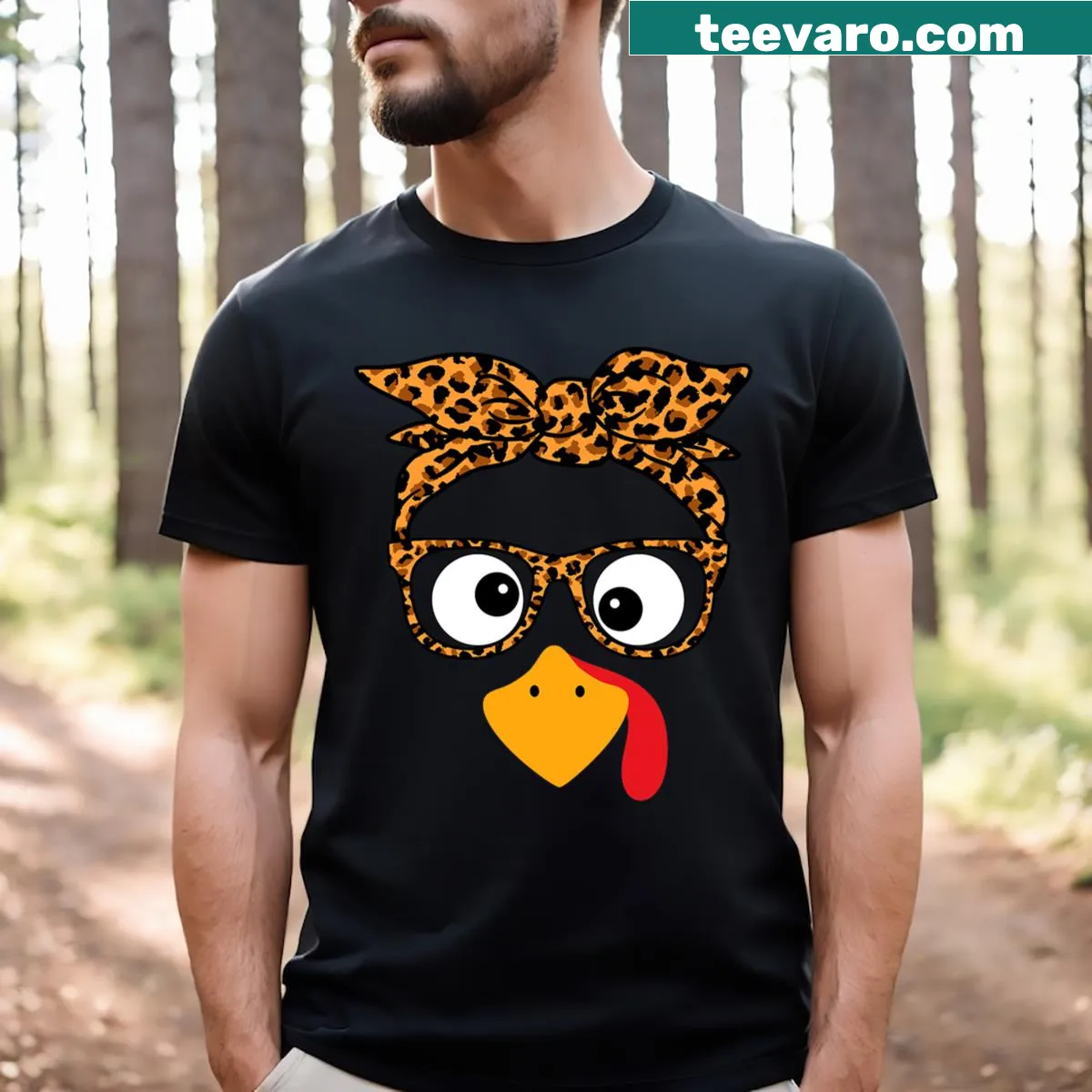 T-shirt featuring a turkey face with leopard print glasses for Thanksgiving. — on a men's t-shirt