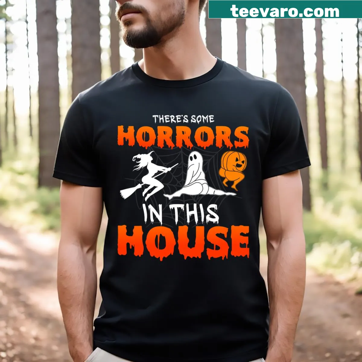 Halloween t-shirt featuring a whimsical pumpkin and ghost design — on a men's t-shirt