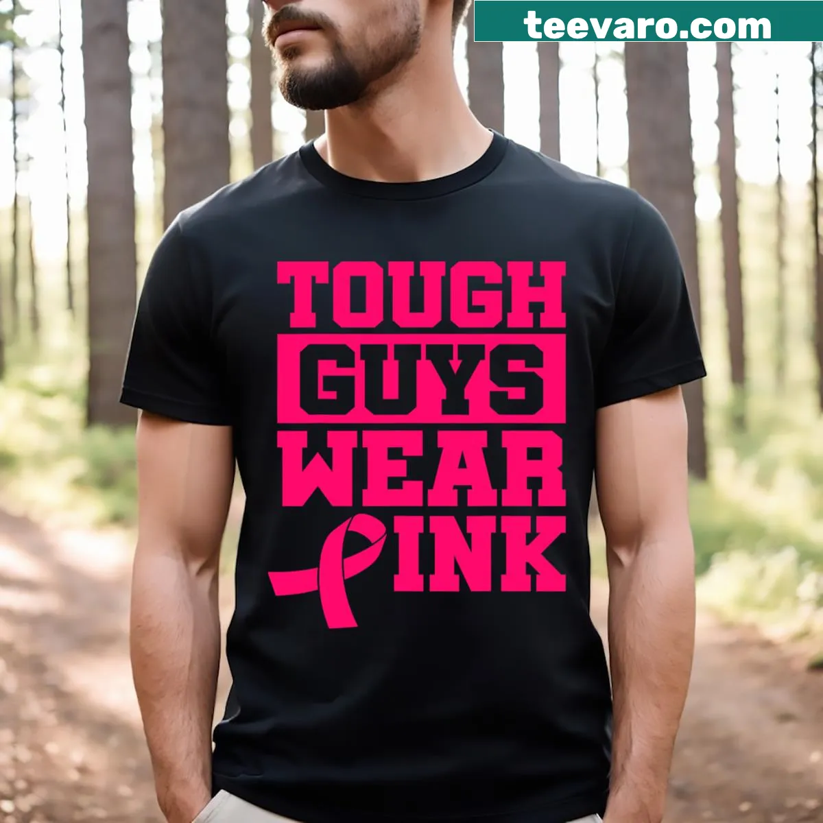 Breast cancer awareness t-shirt with the phrase 'Tough Guys Wear Pink' — on a men's t-shirt
