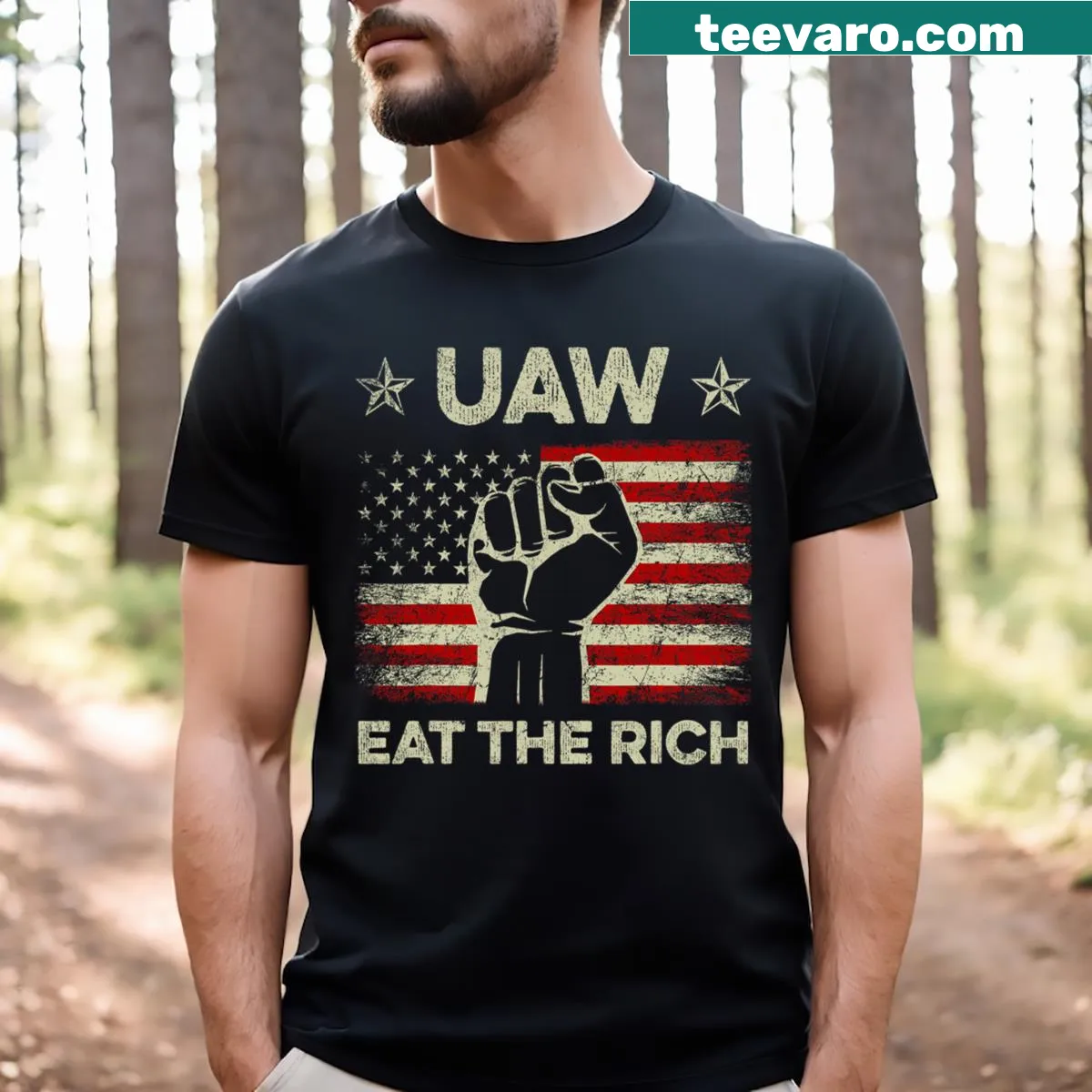 Vintage-style UAW t-shirt with US flag and bold slogans — on a men's t-shirt