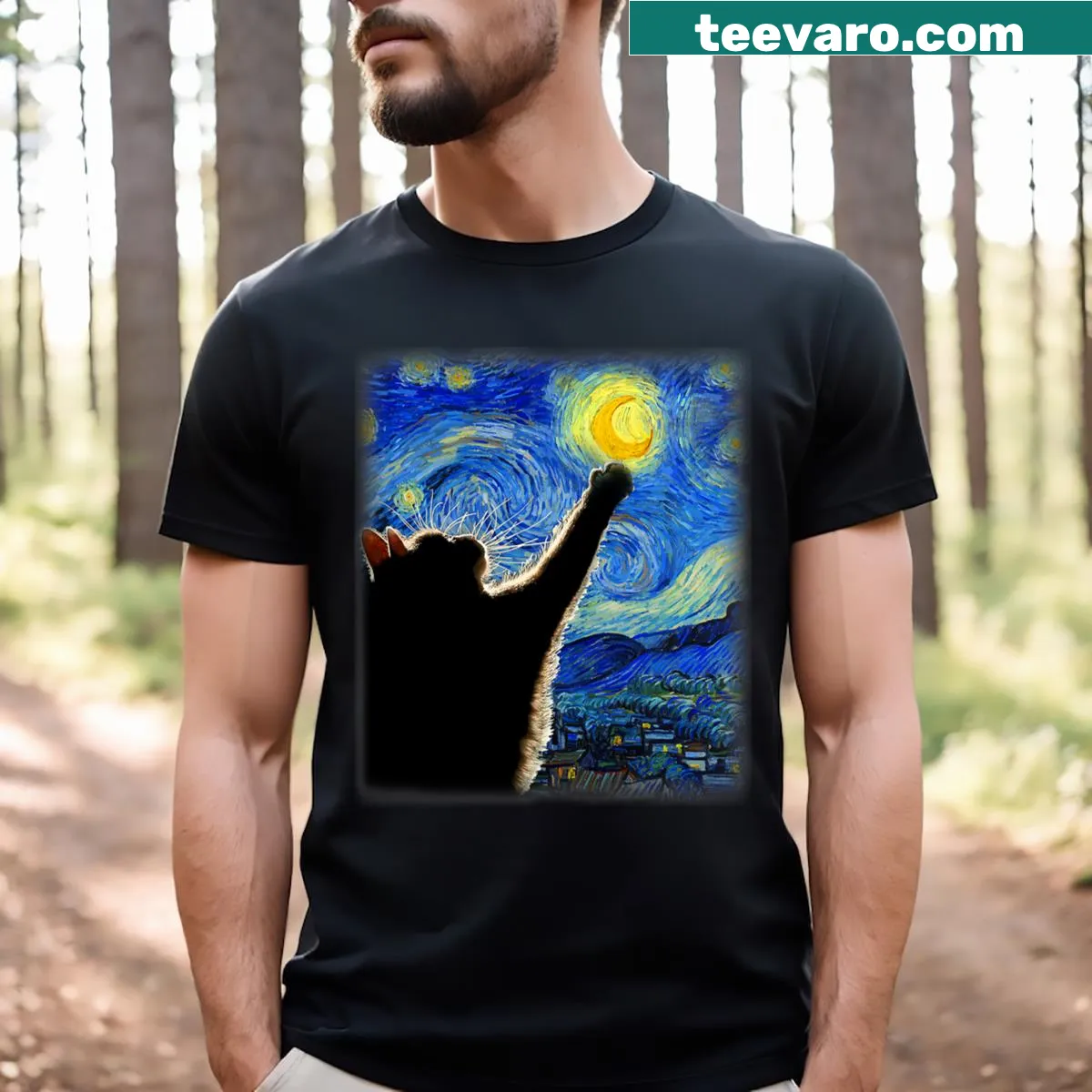 Illustrative t-shirt featuring a cat and Van Gogh's Starry Night — on a men's t-shirt