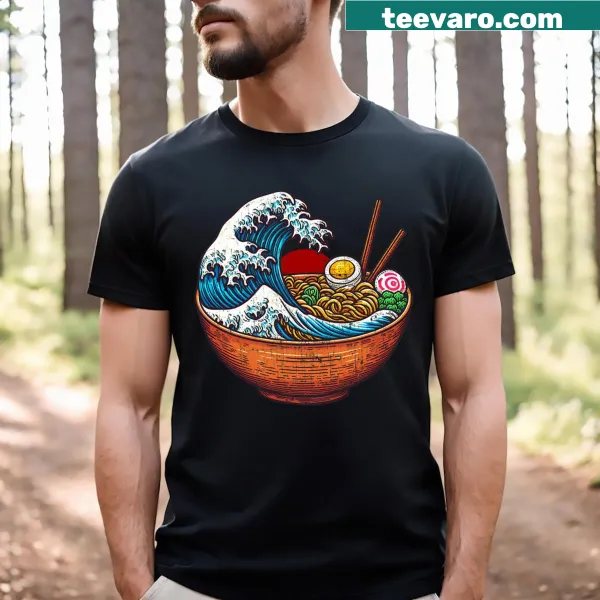 Illustration of ramen in waves on a vintage-style shirt
