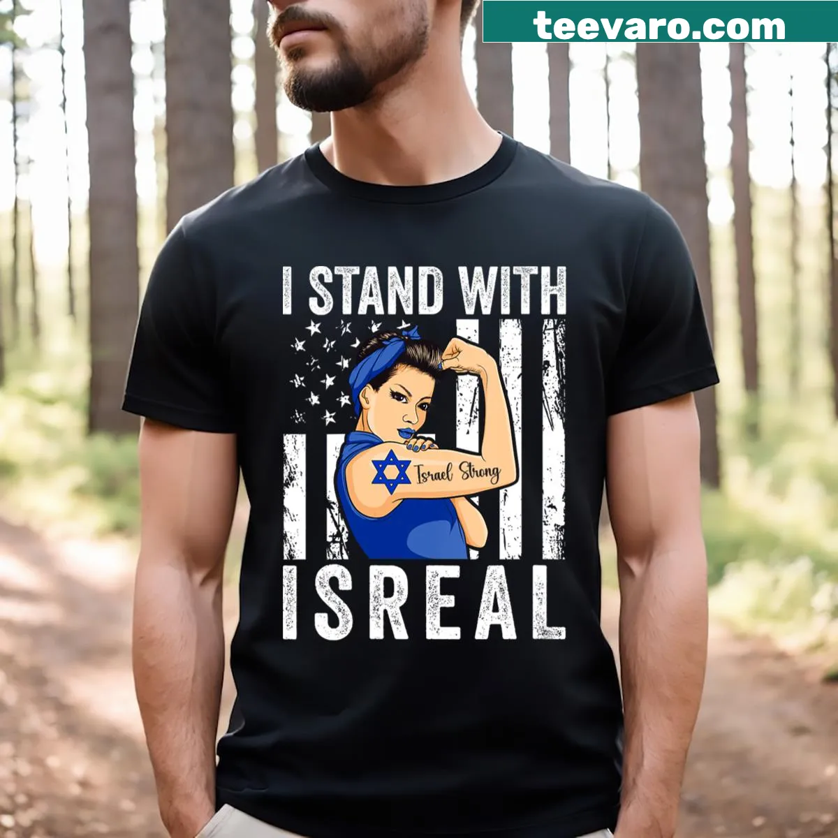 V-neck shirt with supportive message for Israel — on a men's t-shirt