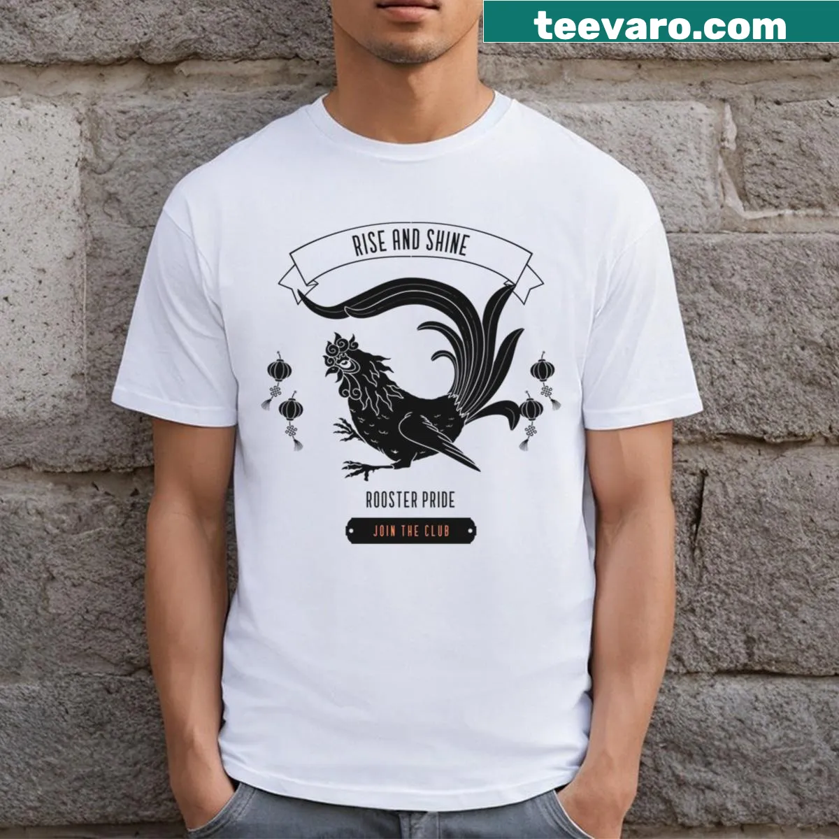 Illustrated rooster portrait celebrating traditional Asian art — on a men's t-shirt