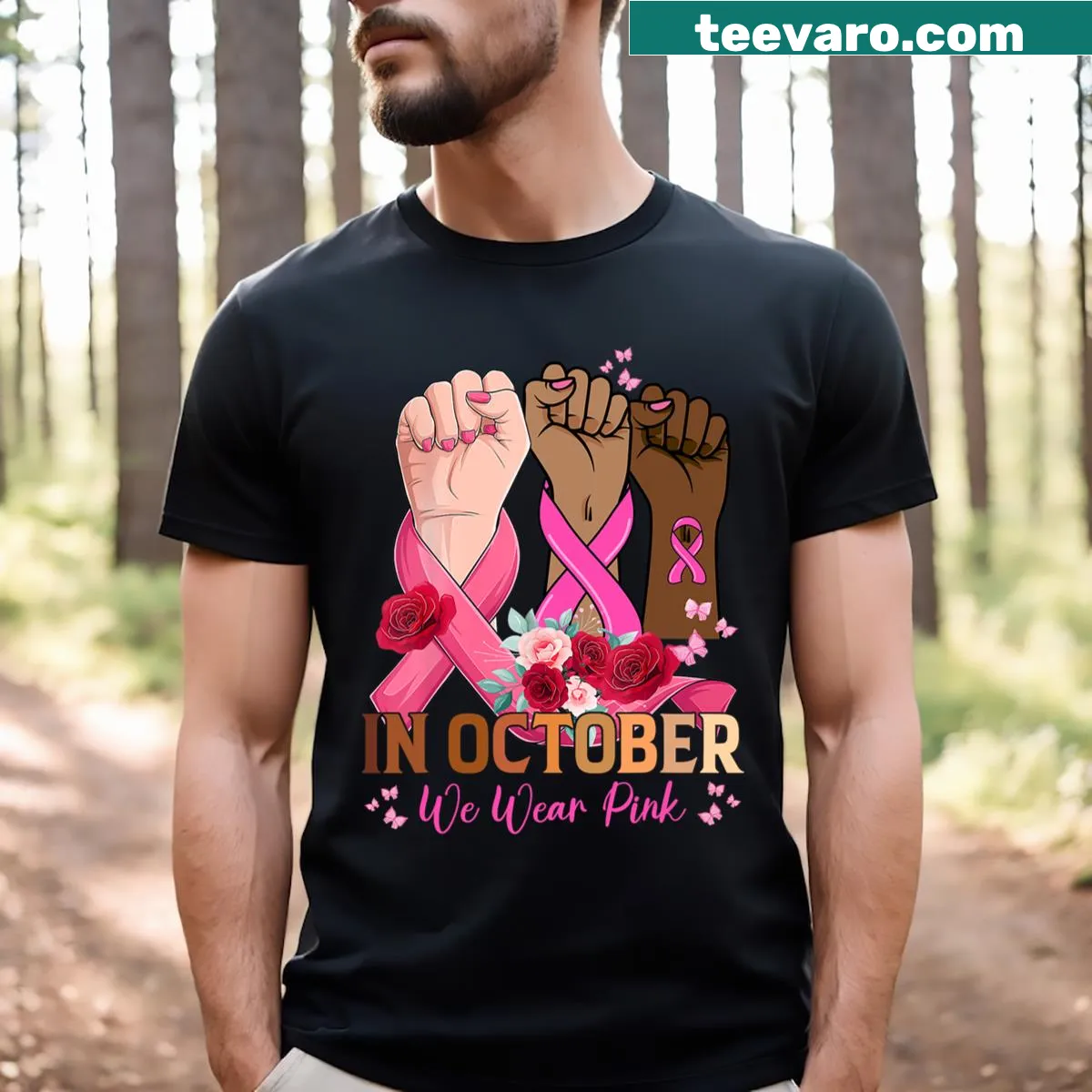 T-shirt with text declaring In October We Wear Pink for Breast Cancer Awareness — on a men's t-shirt