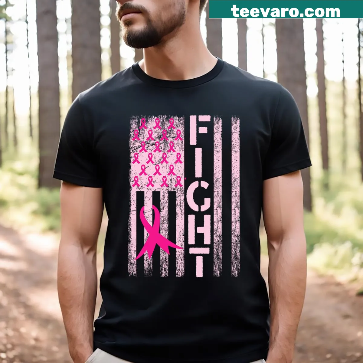 Distressed T-shirt featuring American flag and breast cancer awareness design — on a men's t-shirt