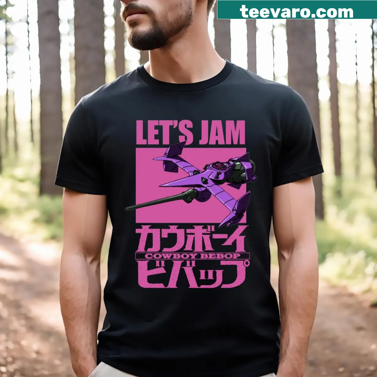 Illustrated Cowboy Bebop Swordfish T-shirt with space theme — on a men's t-shirt