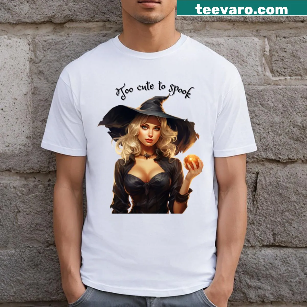 Cartoon design of a cute blonde witch for Halloween — on a men's t-shirt