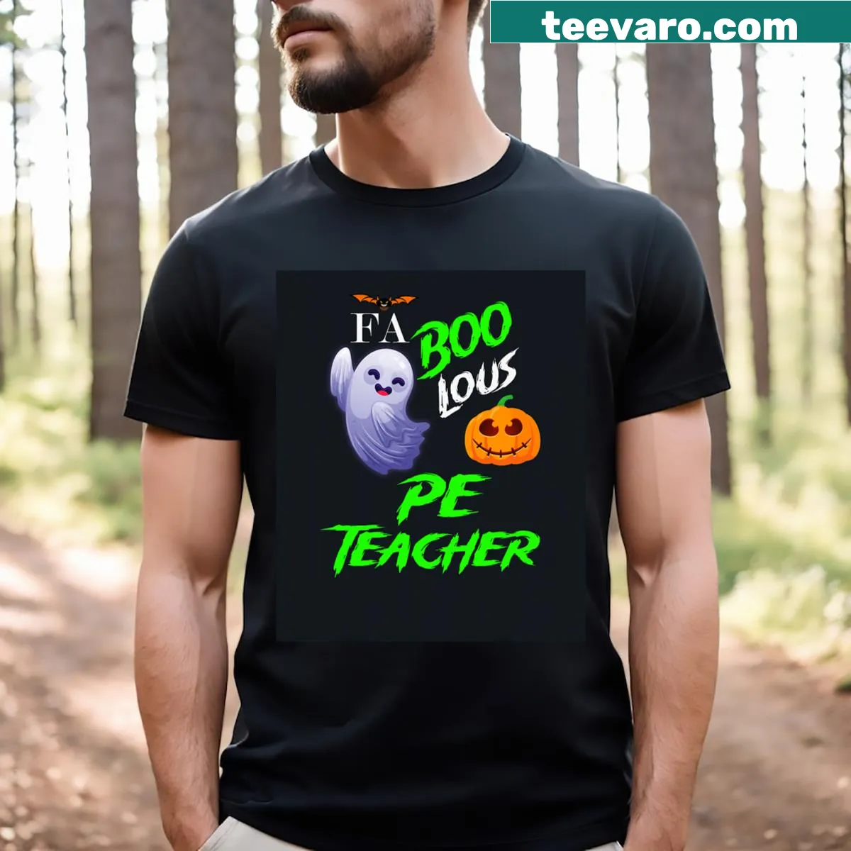 Whimsical T-shirt with the phrase 'Faboolous PE Teacher' in fun typography — on a men's t-shirt