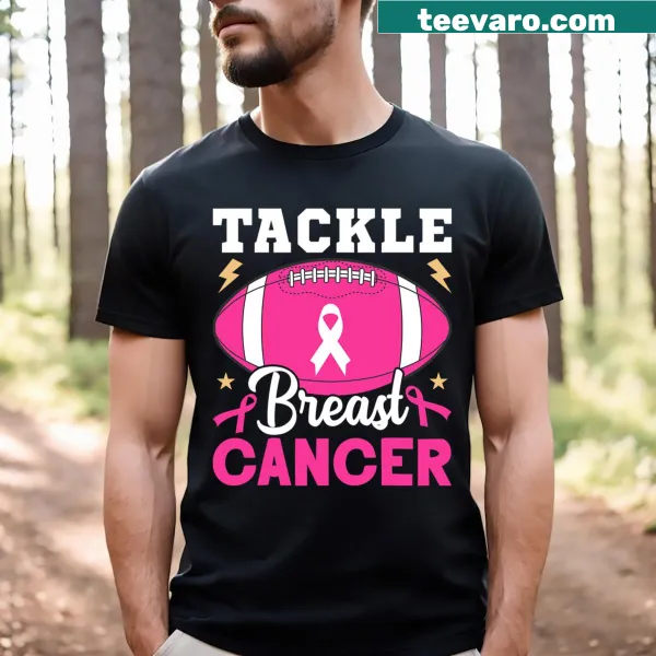 Football-themed breast cancer awareness t-shirt with pink ribbon
