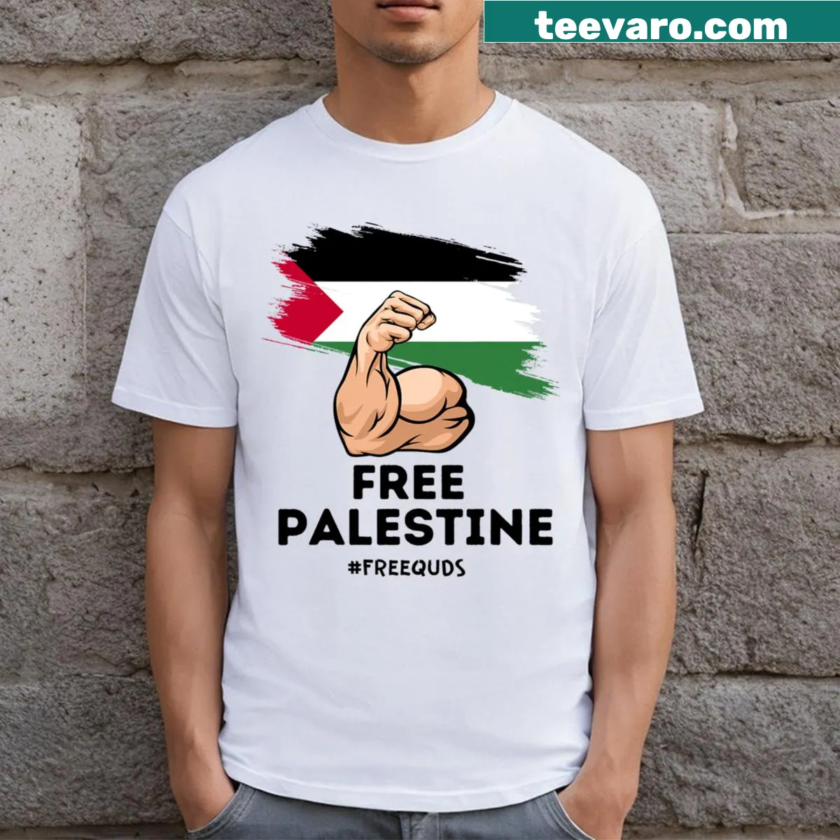Palestinian flag graphic t-shirt supporting freedom for Palestine — on a men's t-shirt
