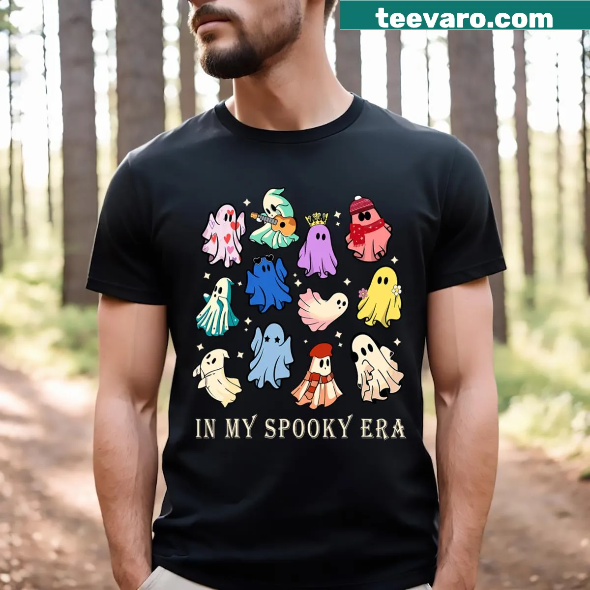 Cute cartoon ghost design celebrating Halloween on a t-shirt — on a men's t-shirt