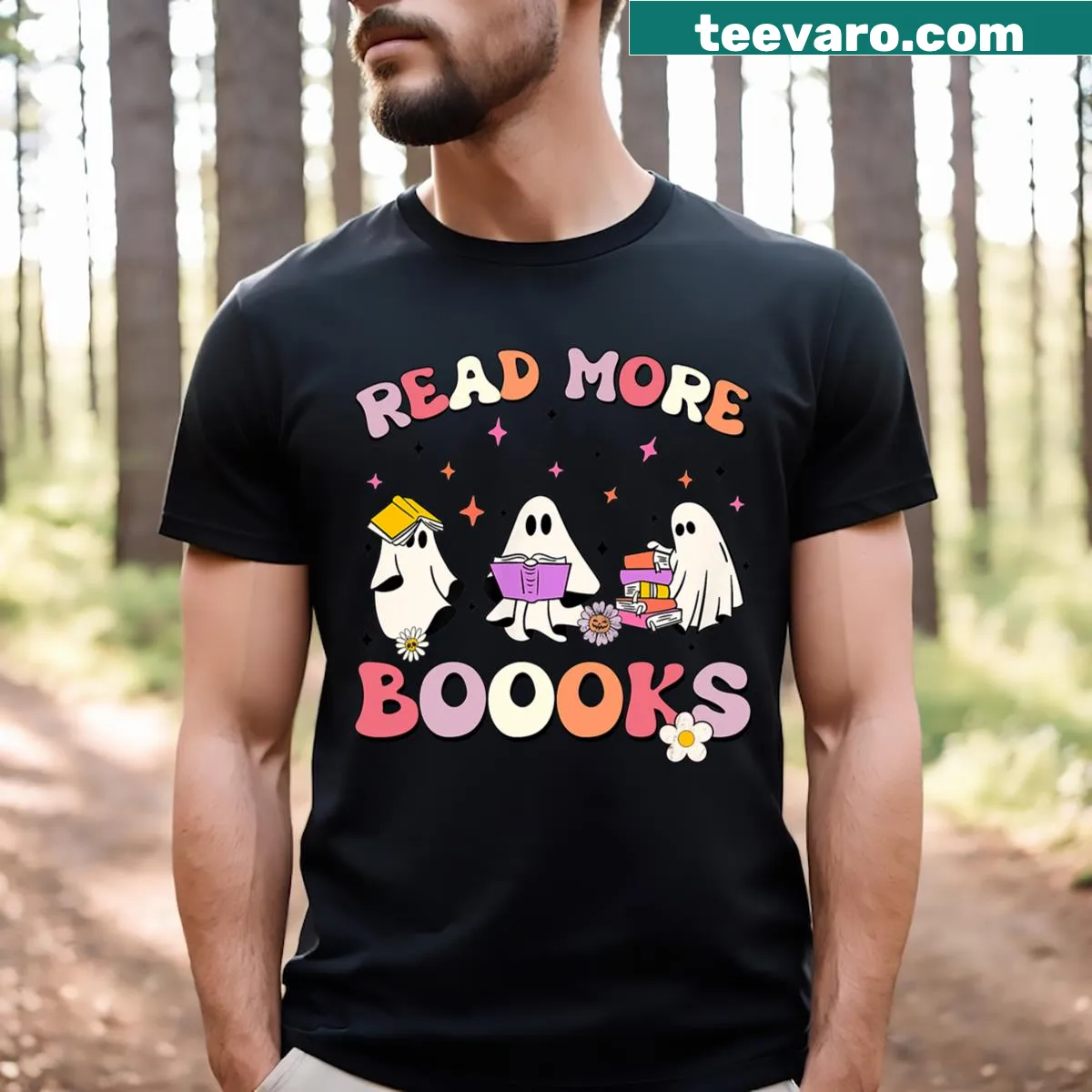 Halloween-themed T-shirt with a ghost and books graphic — on a men's t-shirt