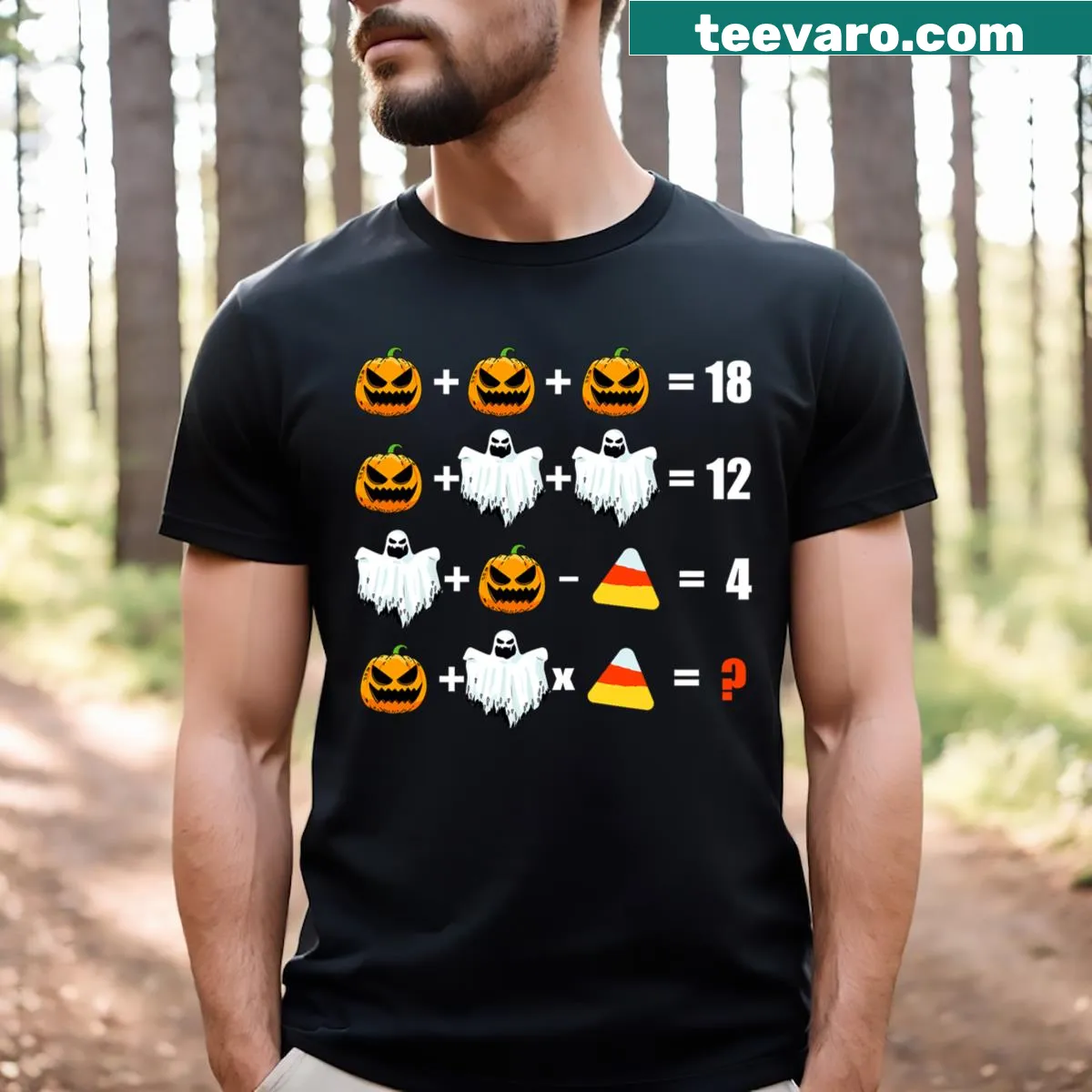 Pumpkin graphic with math operations for Halloween teacher t-shirt — on a men's t-shirt