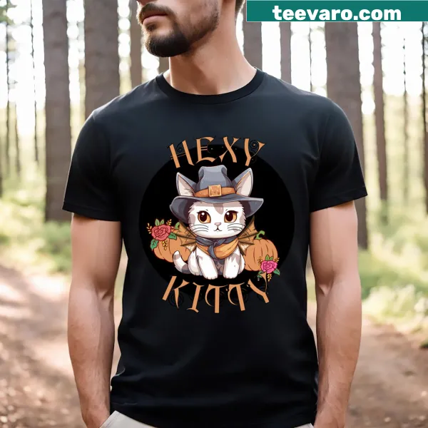 Cute witch kitten with pumpkins on t-shirt