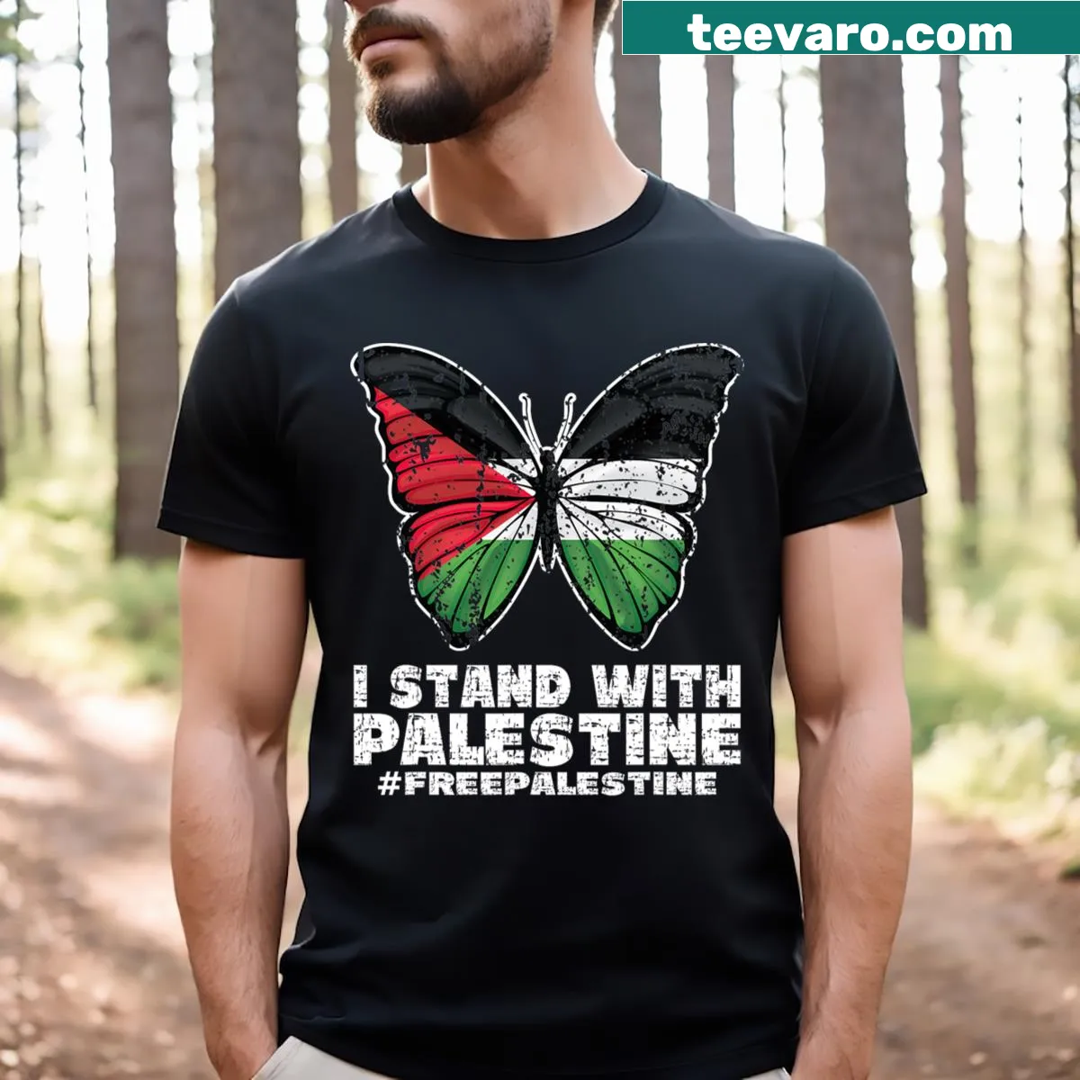 I Stand With Palestine T-shirt featuring supportive text — on a men's t-shirt