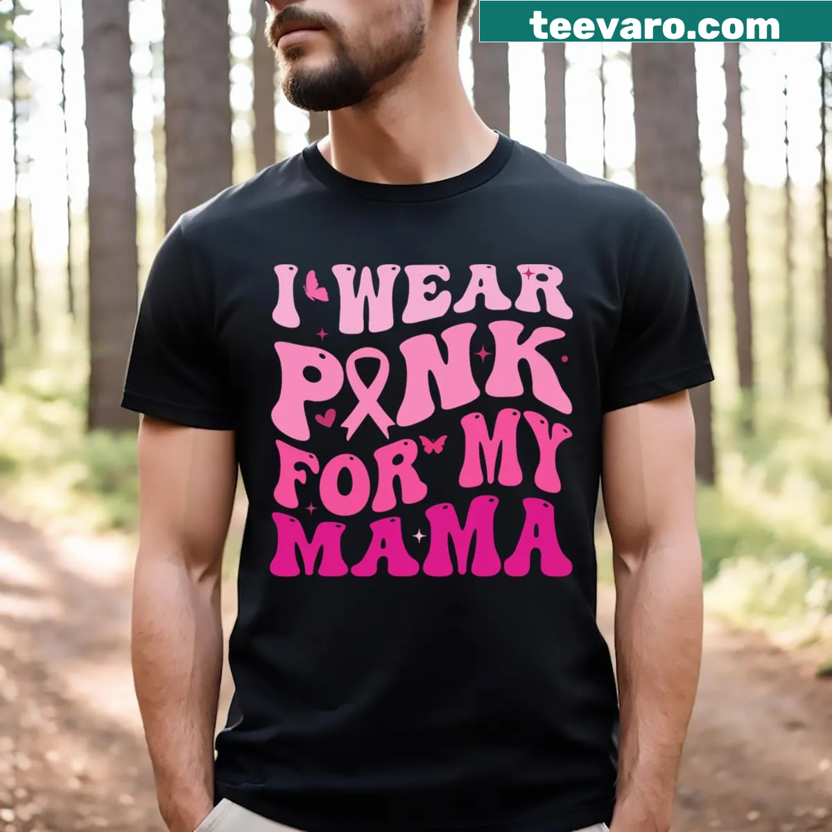 Cute youth T-shirt with text I Wear Pink For My Mama and groovy graphics — on a men's t-shirt