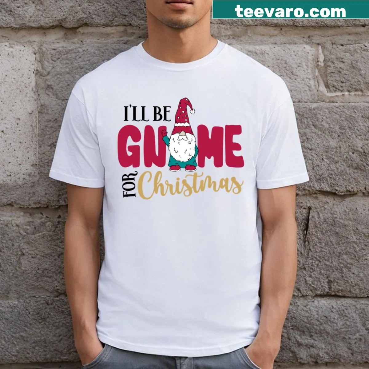 Playful Christmas T-shirt with gnome graphic and text I'll Be Gnome For Christmas — on a men's t-shirt