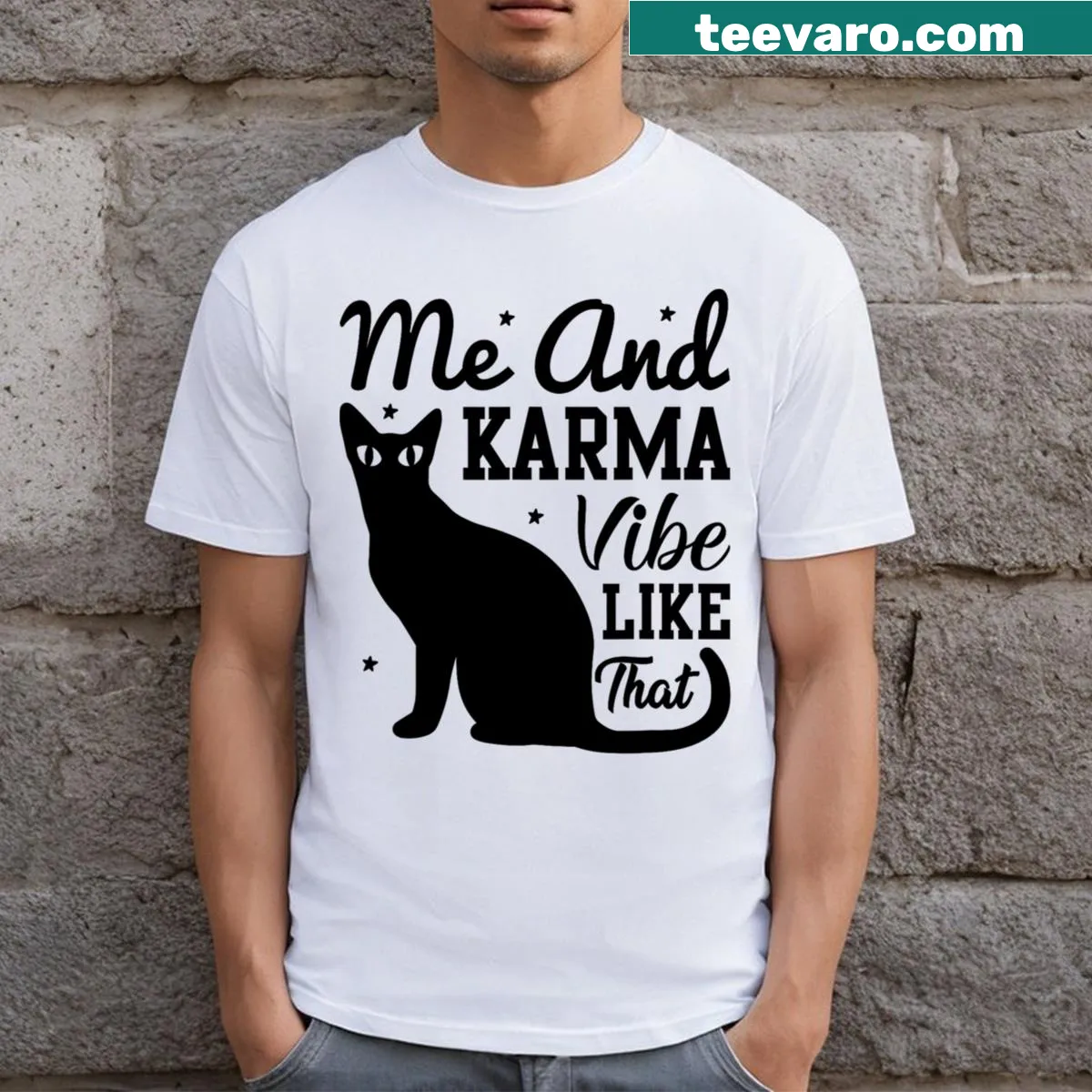 Playful t-shirt with a cat-themed phrase about karma — on a men's t-shirt