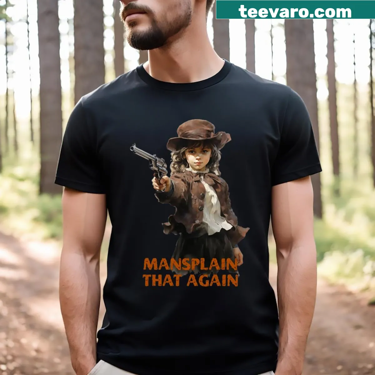 Feminism T-shirt with the phrase 'Mansplain That Again' — on a men's t-shirt