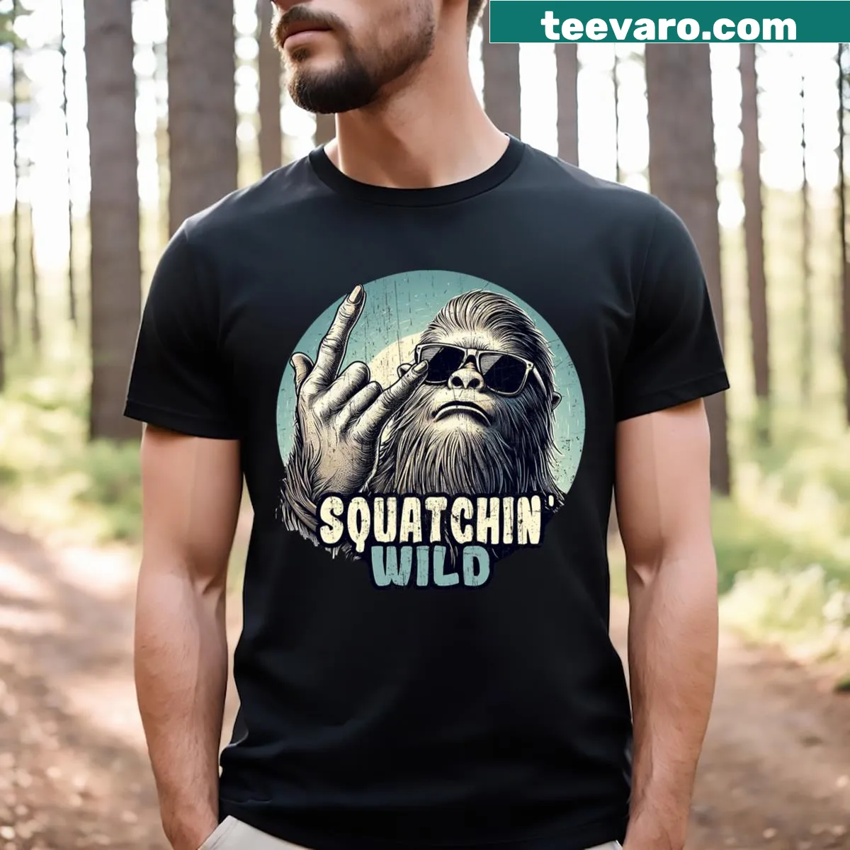 Illustration of Bigfoot rocking out on a playful graphic tee — on a men's t-shirt