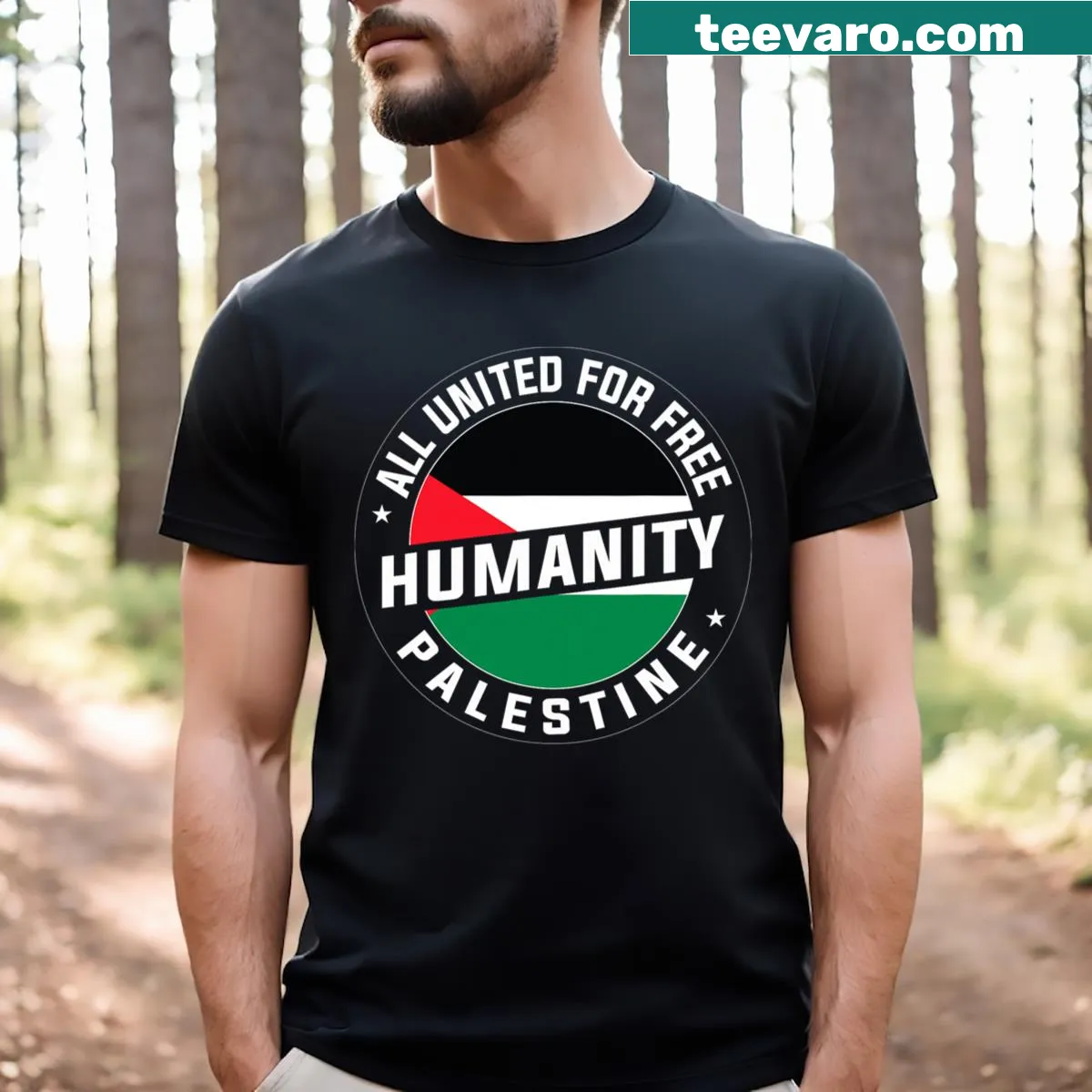 Graphic tee featuring a peace flag and the message for Palestine — on a men's t-shirt