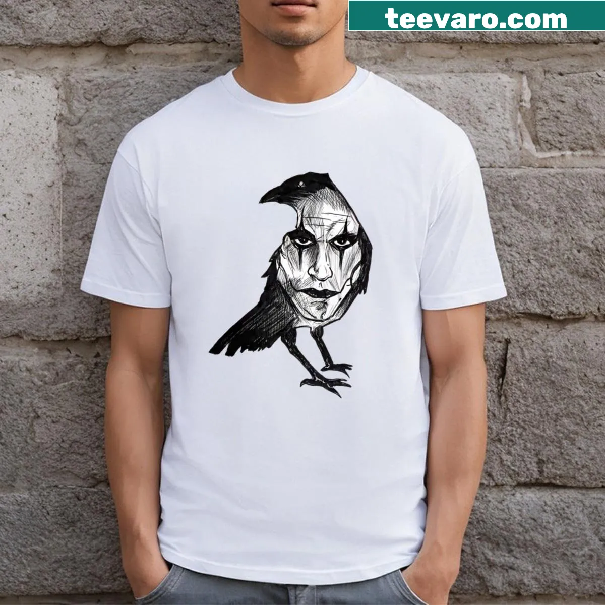 Illustration of a crow on a bold T-shirt design — on a men's t-shirt