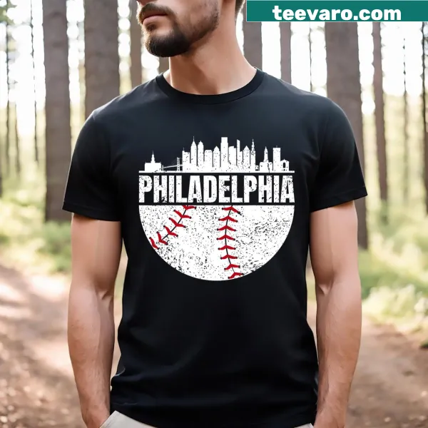 Vintage-style illustration of Philadelphia skyline with baseball elements.