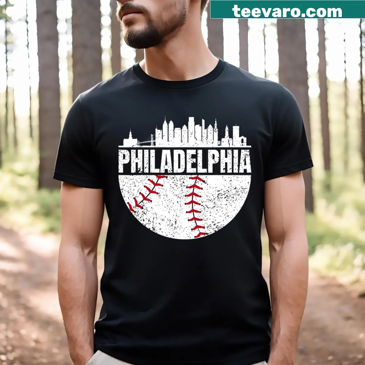 Vintage-style illustration of Philadelphia skyline with baseball elements. — on a men's t-shirt