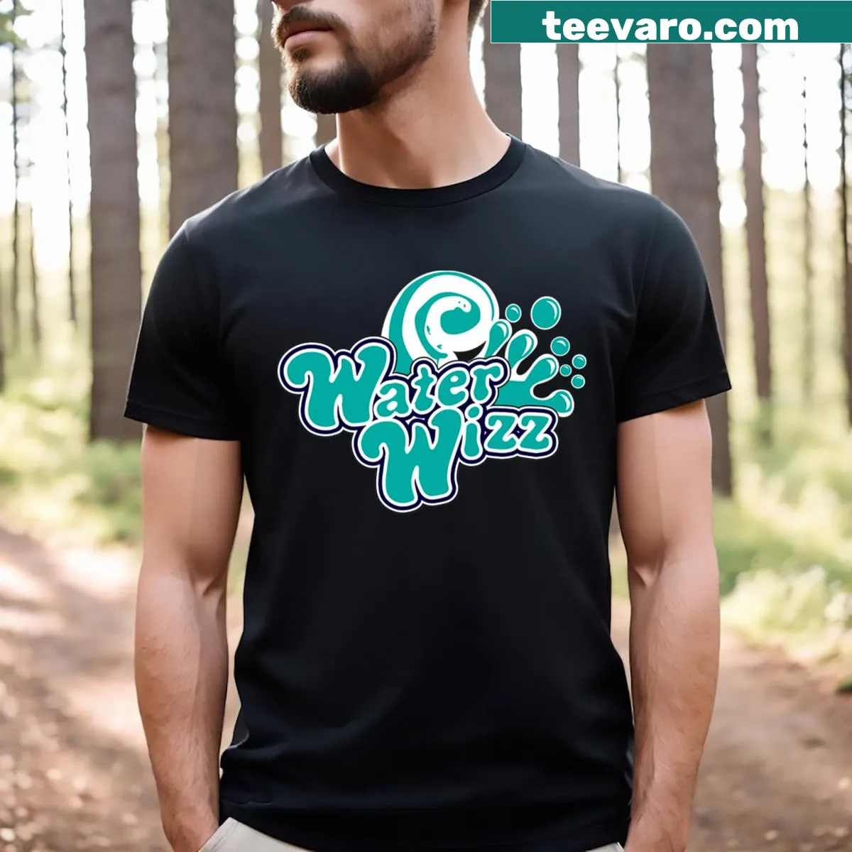 Playful 'Water Wizz' text graphic on a funny vacation t-shirt — on a men's t-shirt