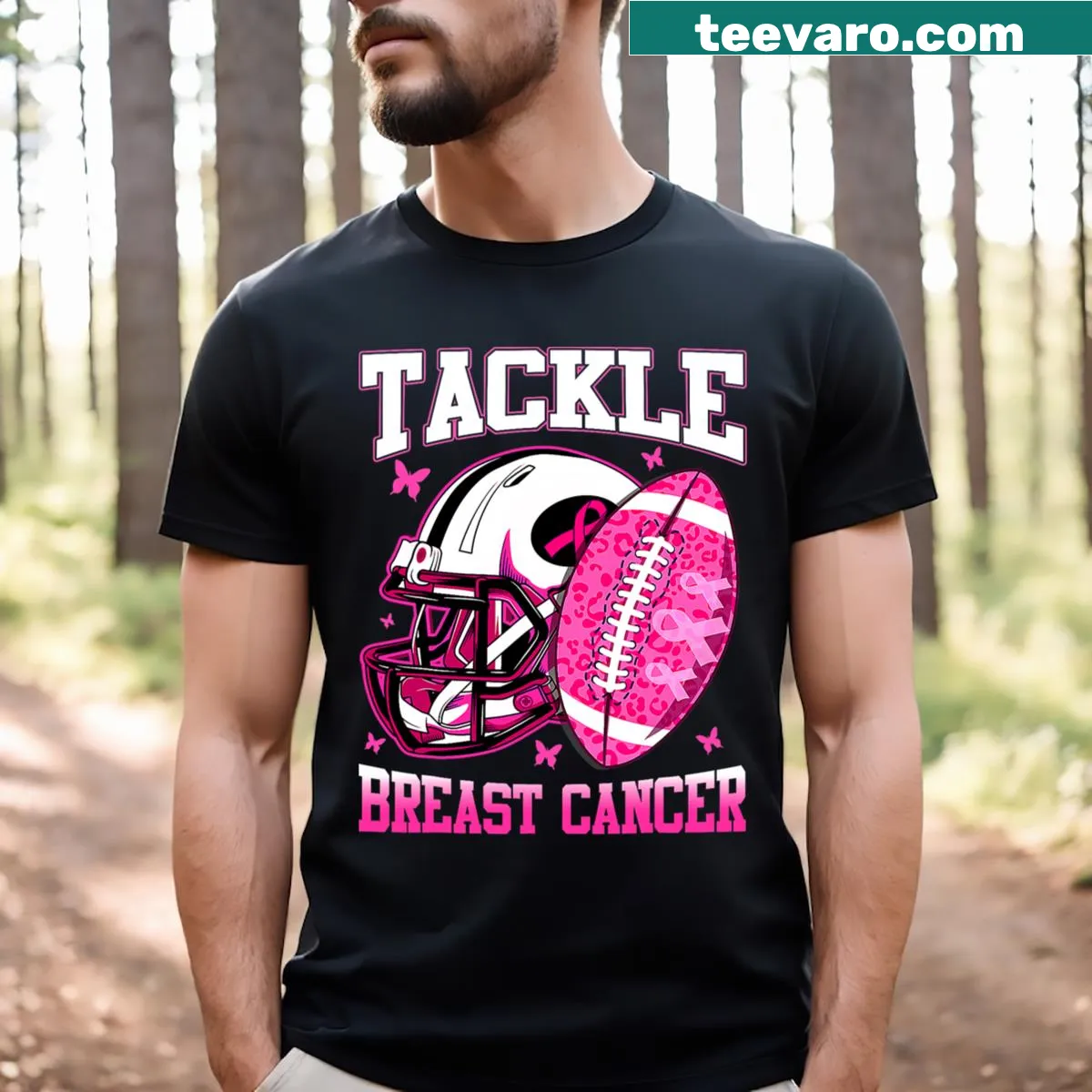 T-shirt featuring a pink ribbon and 'Tackle Breast Cancer Awareness' text — on a men's t-shirt