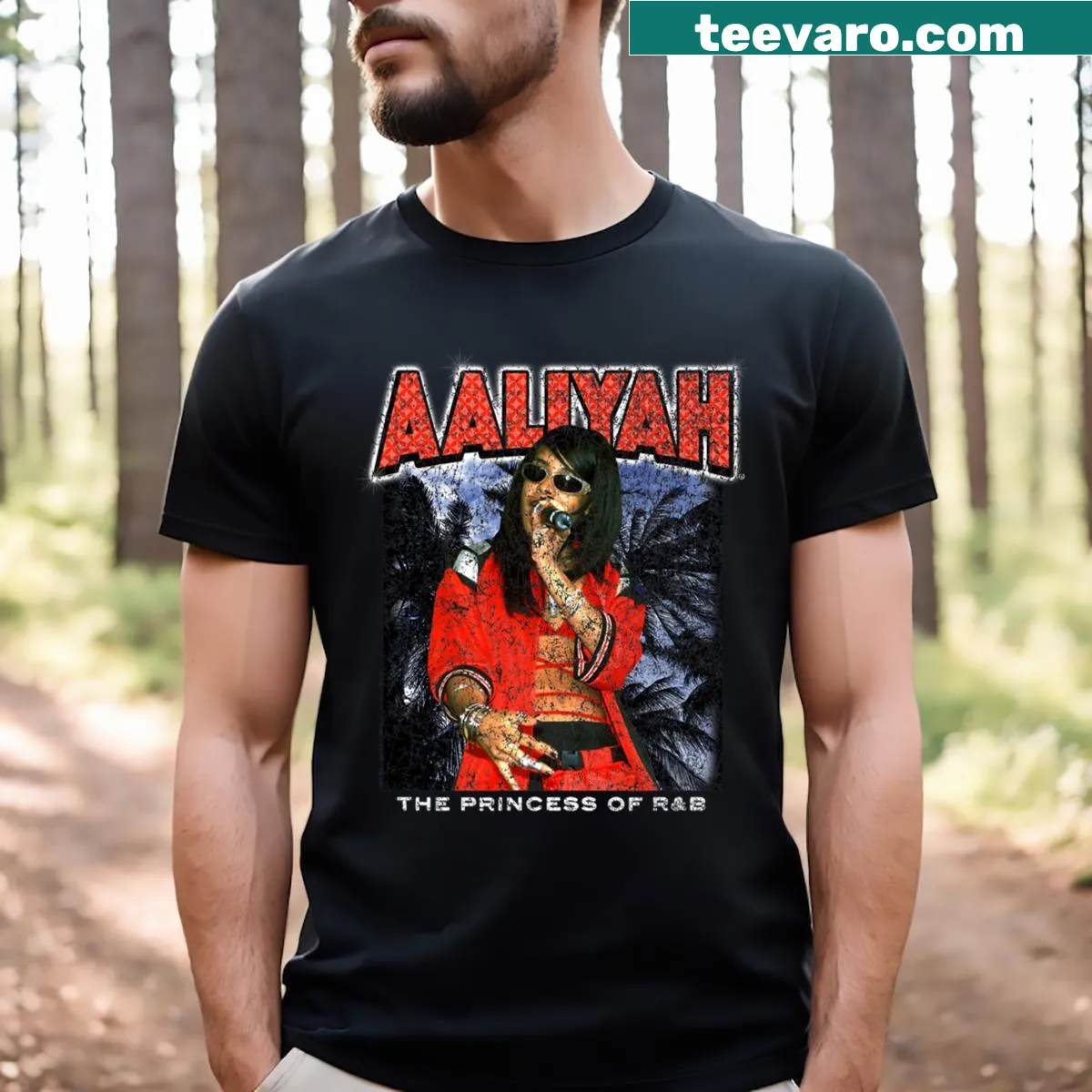 Distressed t-shirt featuring a graphic tribute to Aaliyah's red outfit — on a men's t-shirt