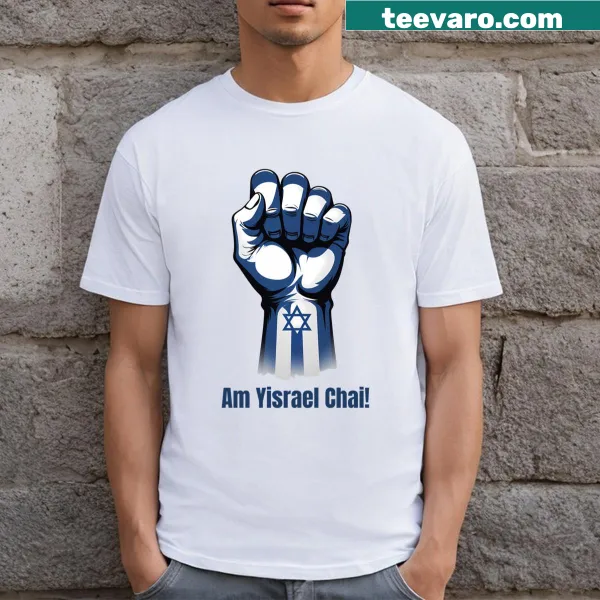 T-shirt featuring the phrase 'Am Yisrael Chai' in bold typography.