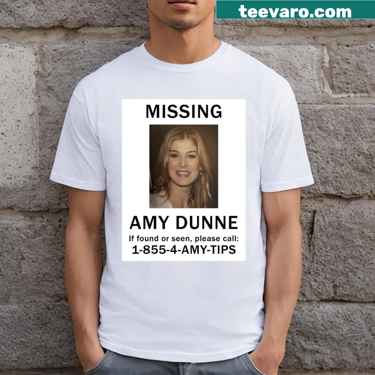 Vintage-style T-shirt with a missing poster design of Amy Dunne. — on a men's t-shirt