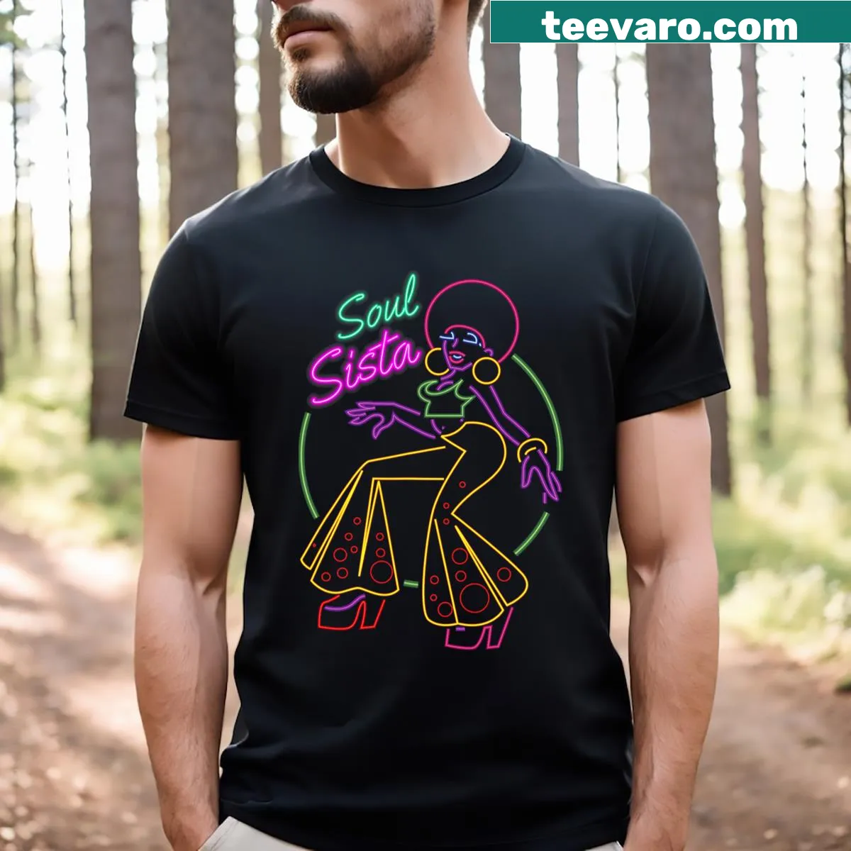 Vintage 70s afro soul music t-shirt with artsy funk design — on a men's t-shirt