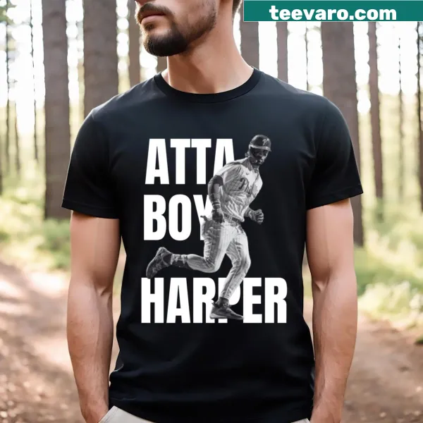 T-shirt with humorous text 'Atta Boy Harper' in playful typography.