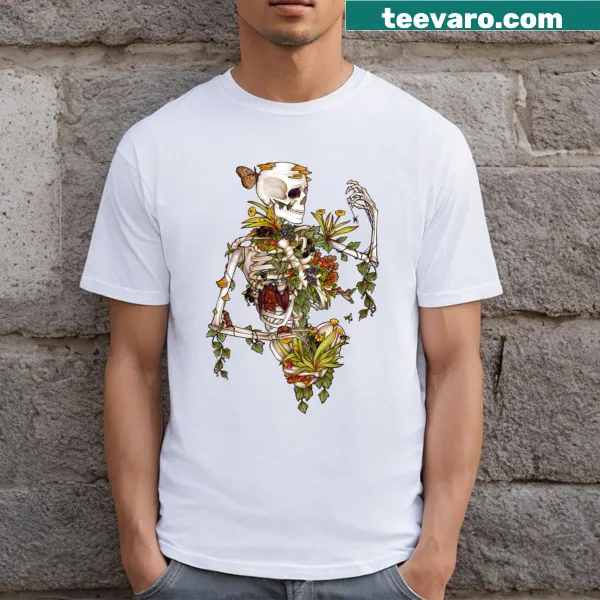 Intricate Bones And Botany T-shirt with skeletal and plant illustrations