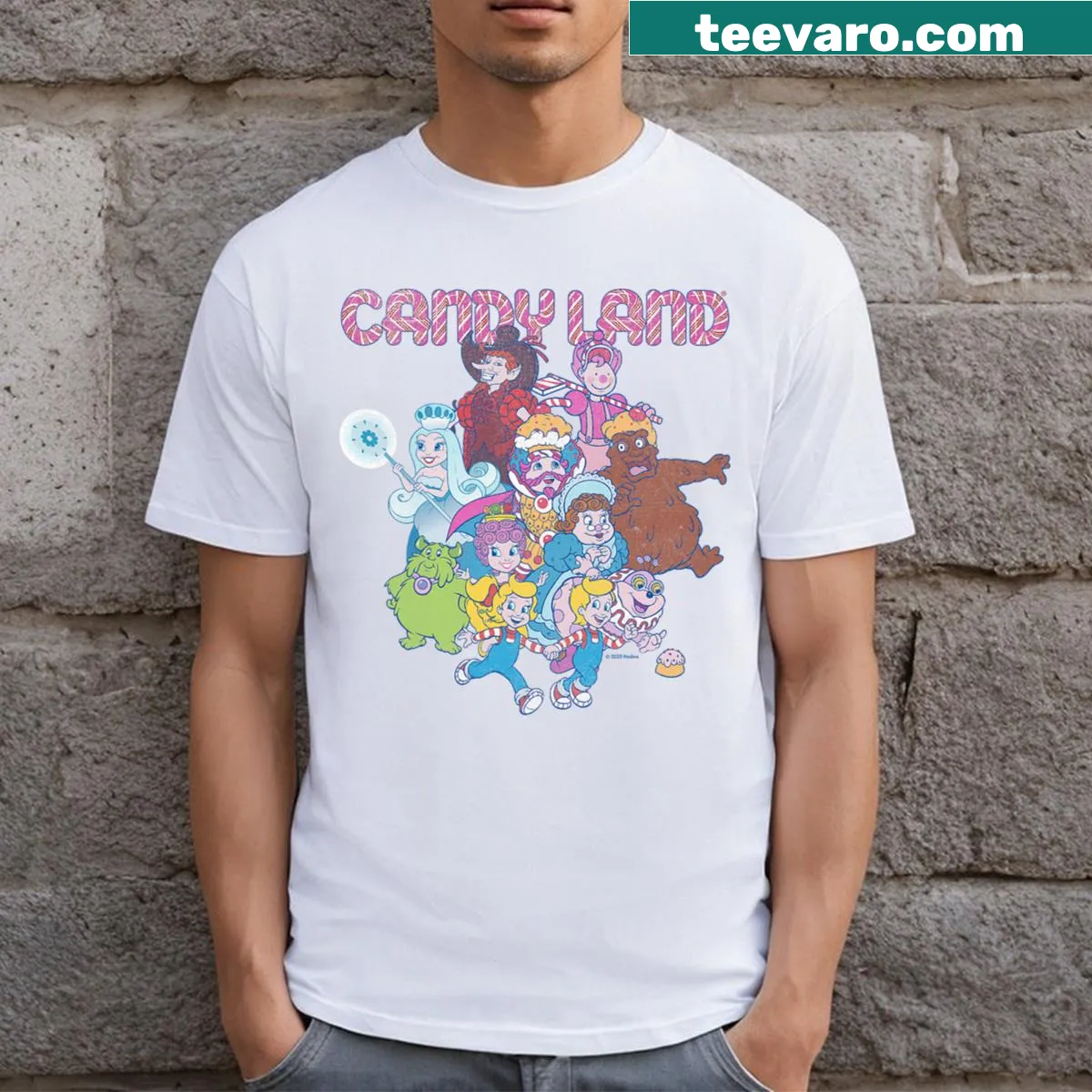 Retro Candy Land game character logo T-shirt — on a men's t-shirt