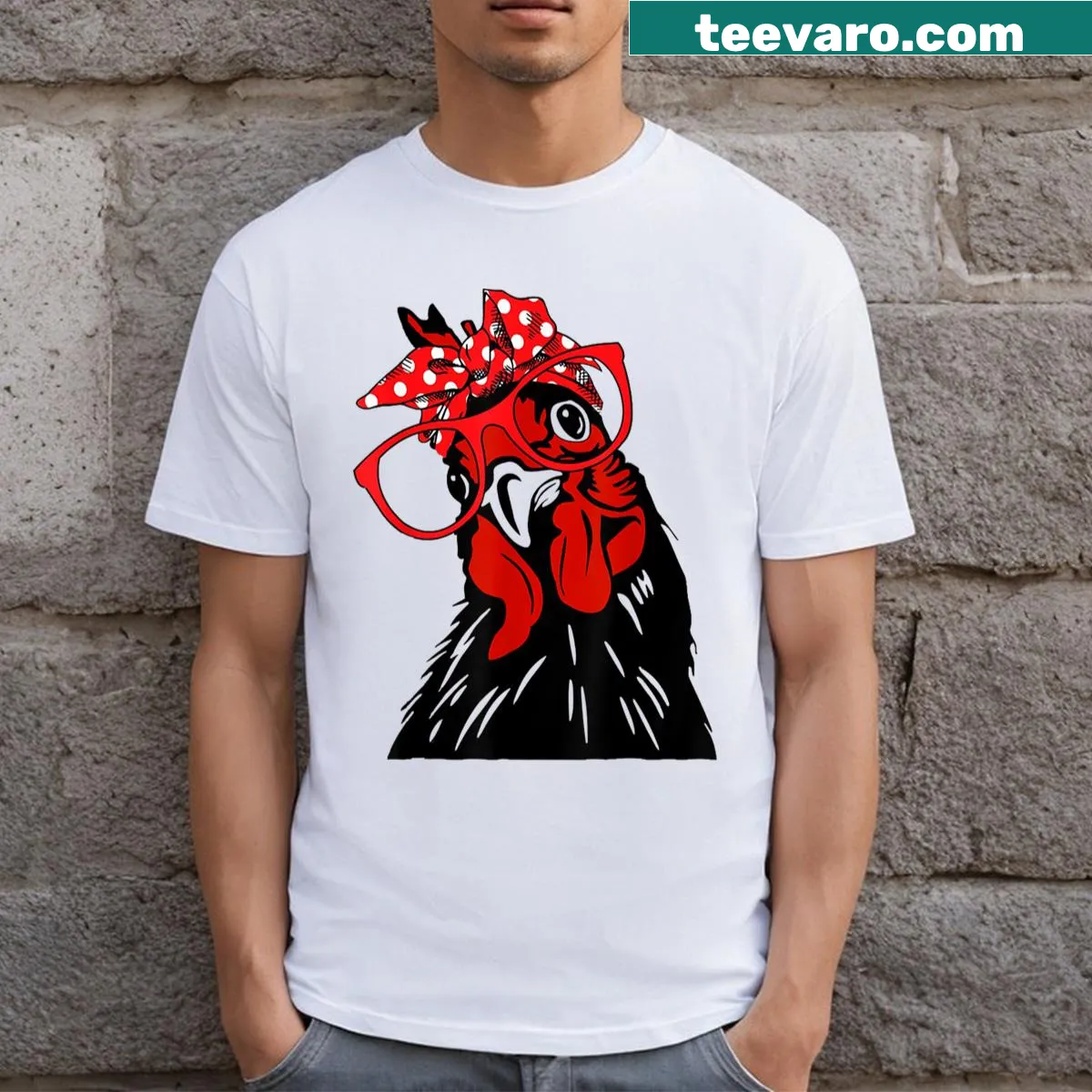 Illustration of a cute chicken girl with bandana and glasses — on a men's t-shirt